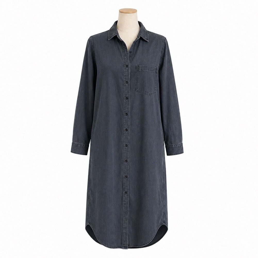 Quince Distressed Denim Maxi Shirt Dress Womens M Washed Black 100% Cotton